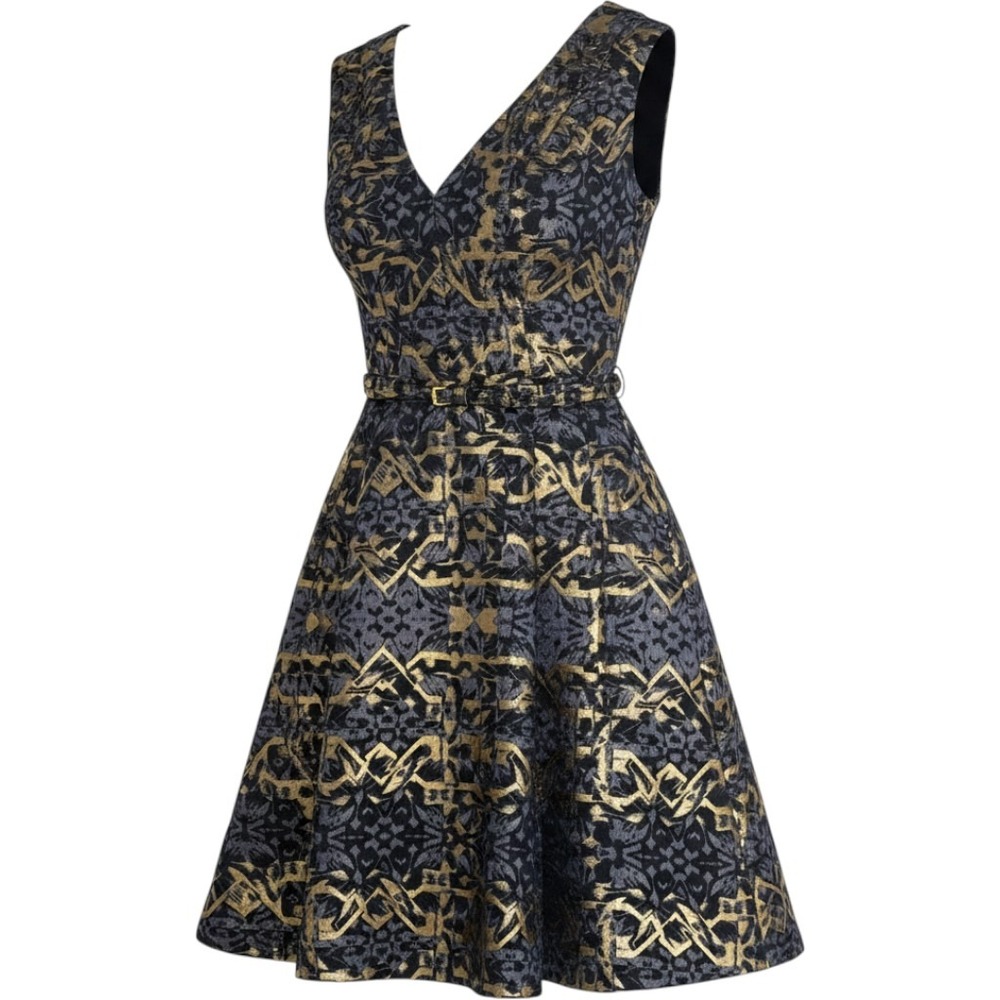 Vince Camuto Jacquard Dress Womens 2 Navy Gold Metallic Fit Flare Cocktail EUC